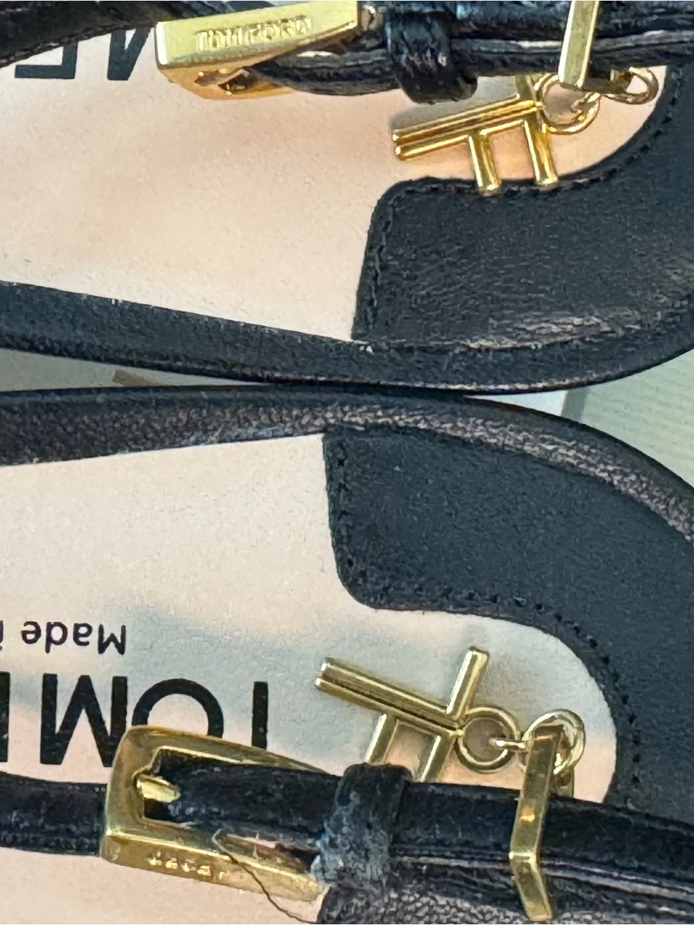 Tom Ford Black Leather Pointed Slingback Heels with Gold Buckle